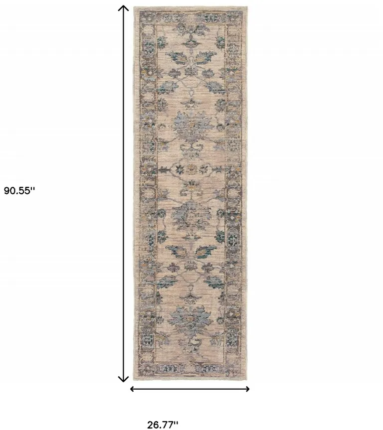 Ivory Blue Gold And Grey Oriental Power Loom Stain Resistant Runner Rug Photo 5