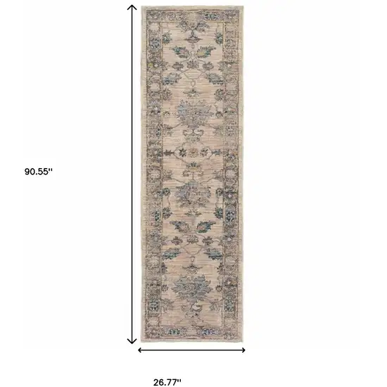 Ivory Blue Gold And Grey Oriental Power Loom Stain Resistant Runner Rug Photo 5