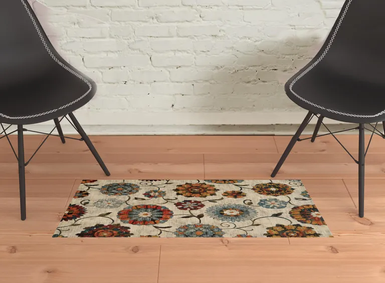 Ivory Blue Gold Green Orange Rust And Teal Floral Power Loom Stain Resistant Area Rug Photo 2