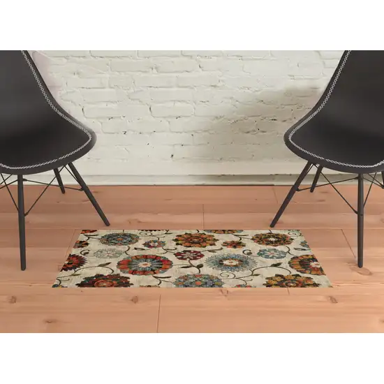 Ivory Blue Gold Green Orange Rust And Teal Floral Power Loom Stain Resistant Area Rug Photo 2