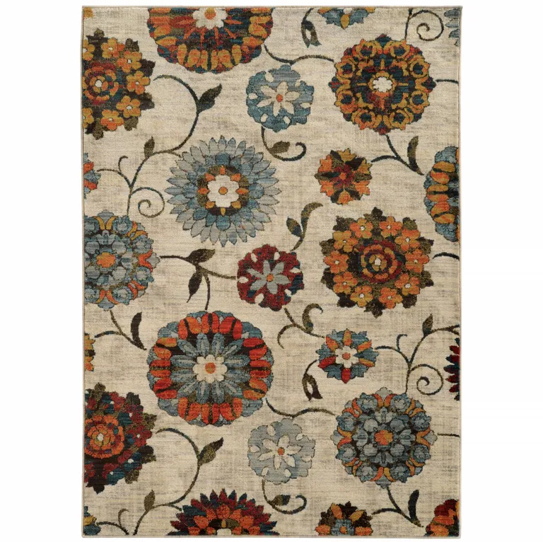 Ivory Blue Gold Green Orange Rust And Teal Floral Power Loom Stain Resistant Area Rug Photo 1