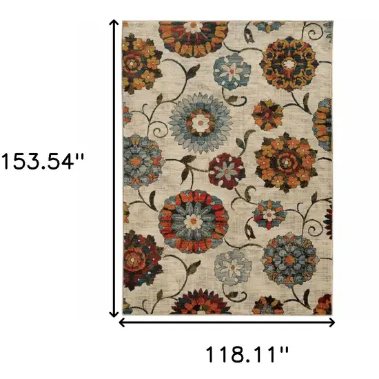 Ivory Blue Gold Green Orange Rust And Teal Floral Power Loom Stain Resistant Area Rug Photo 6