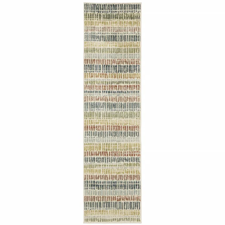 Ivory Blue Green Red And Gold Geometric Power Loom Stain Resistant Runner Rug Photo 1