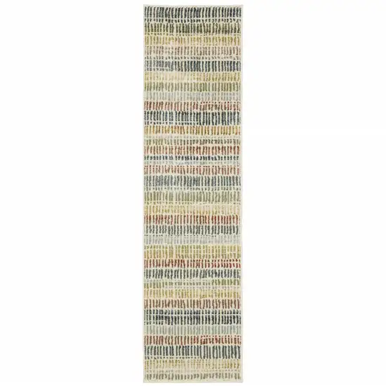 Ivory Blue Green Red And Gold Geometric Power Loom Stain Resistant Runner Rug Photo 1