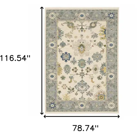 Ivory Blue Grey Teal Gold Green And Rust Oriental Power Loom Stain Resistant Area Rug With Fringe Photo 10