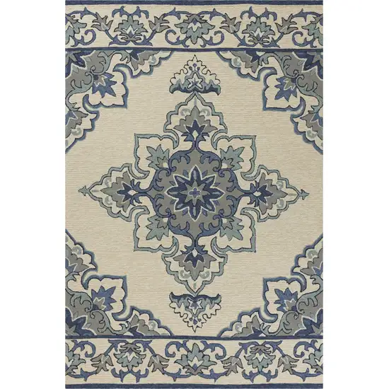 Ivory Blue Hand Hooked Floral Medallion Indoor Outdoor Accent Rug Photo 1