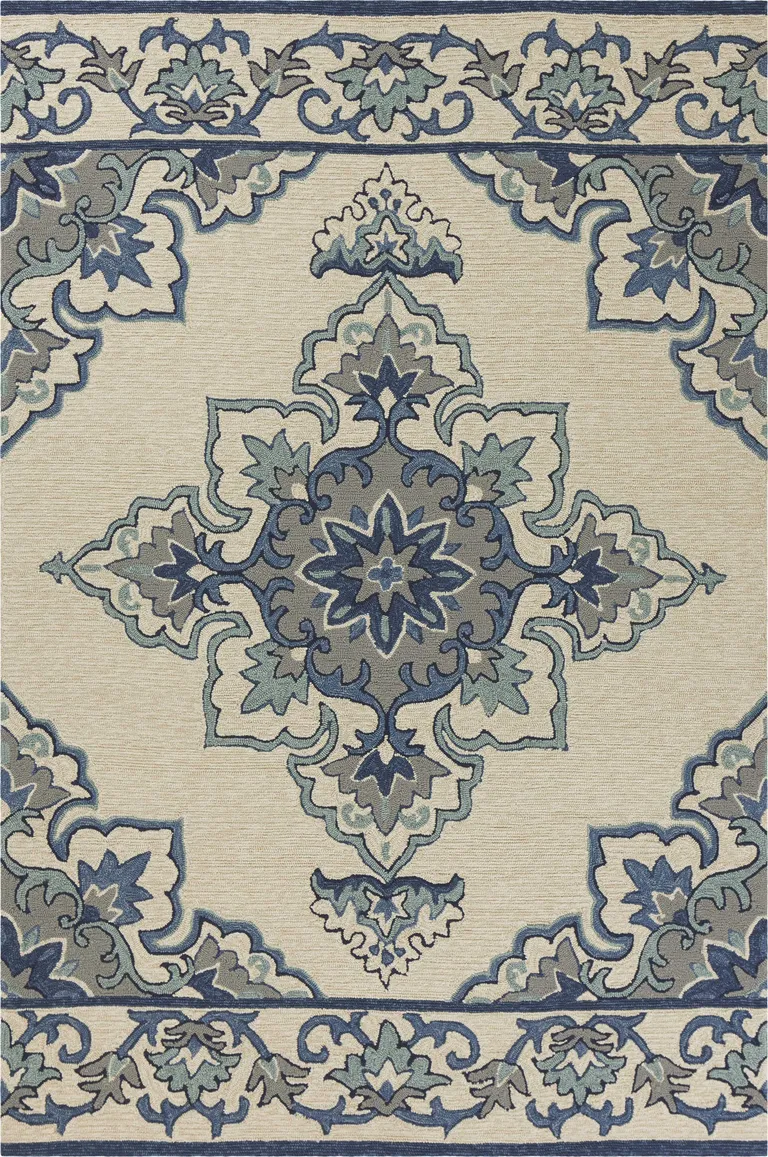 Ivory Blue Hand Hooked Floral Medallion Indoor Outdoor Accent Rug Photo 1