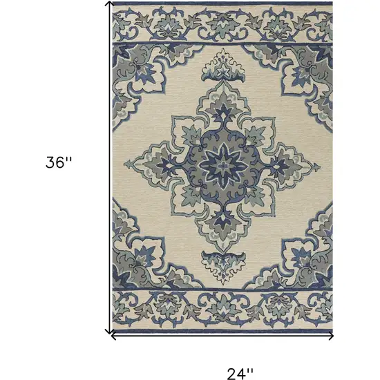 2'X3' Ivory Blue Hand Hooked Floral Medallion Indoor Outdoor Accent Rug Photo 7