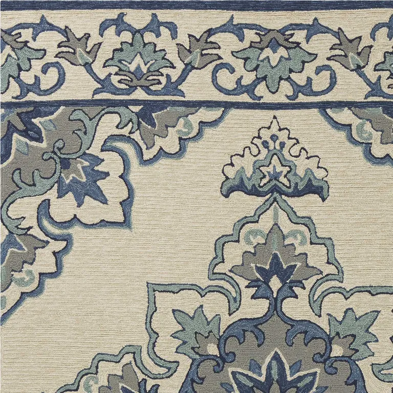 Ivory Blue Hand Hooked Floral Medallion Indoor Outdoor Accent Rug Photo 3