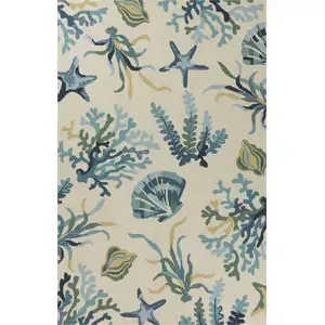 Photo of Ivory Blue Hand Hooked UV Treated Coastal Reef Indoor Outdoor Area Rug