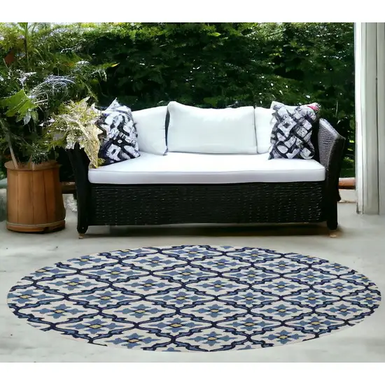 8'  Ivory Blue Hand Hooked Uv Treated Coastal Reef Round Indoor Outdoor Area Rug Photo 2