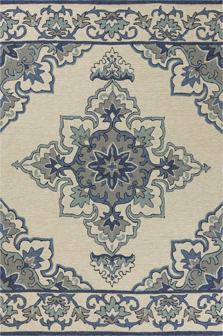 Ivory Blue Hand Hooked UV Treated Floral Medallion Indoor Outdoor Area Rug Photo 1