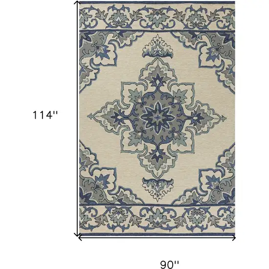 8'X10' Ivory Blue Hand Hooked Uv Treated Floral Medallion Indoor Outdoor Area Rug Photo 7