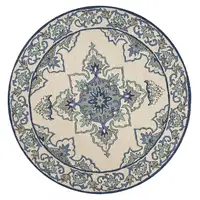 Photo of Ivory Blue Hand Hooked UV Treated Floral Medallion Round Indoor Outdoor Area Rug