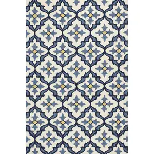 Photo of Ivory Blue Hand Hooked UV Treated Quatrefoil Indoor Outdoor Accent Rug