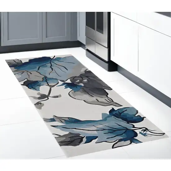 8' Ivory Blue Hand Tufted Oversized Floral Indoor Runner Rug Photo 1