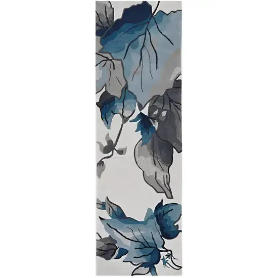 8' Ivory Blue Hand Tufted Oversized Floral Indoor Runner Rug Photo 2