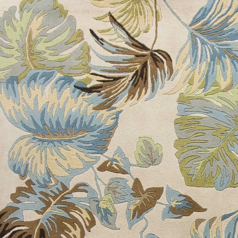 Ivory Blue Hand Tufted Tropical Leaves Indoor Area Rug Photo 3