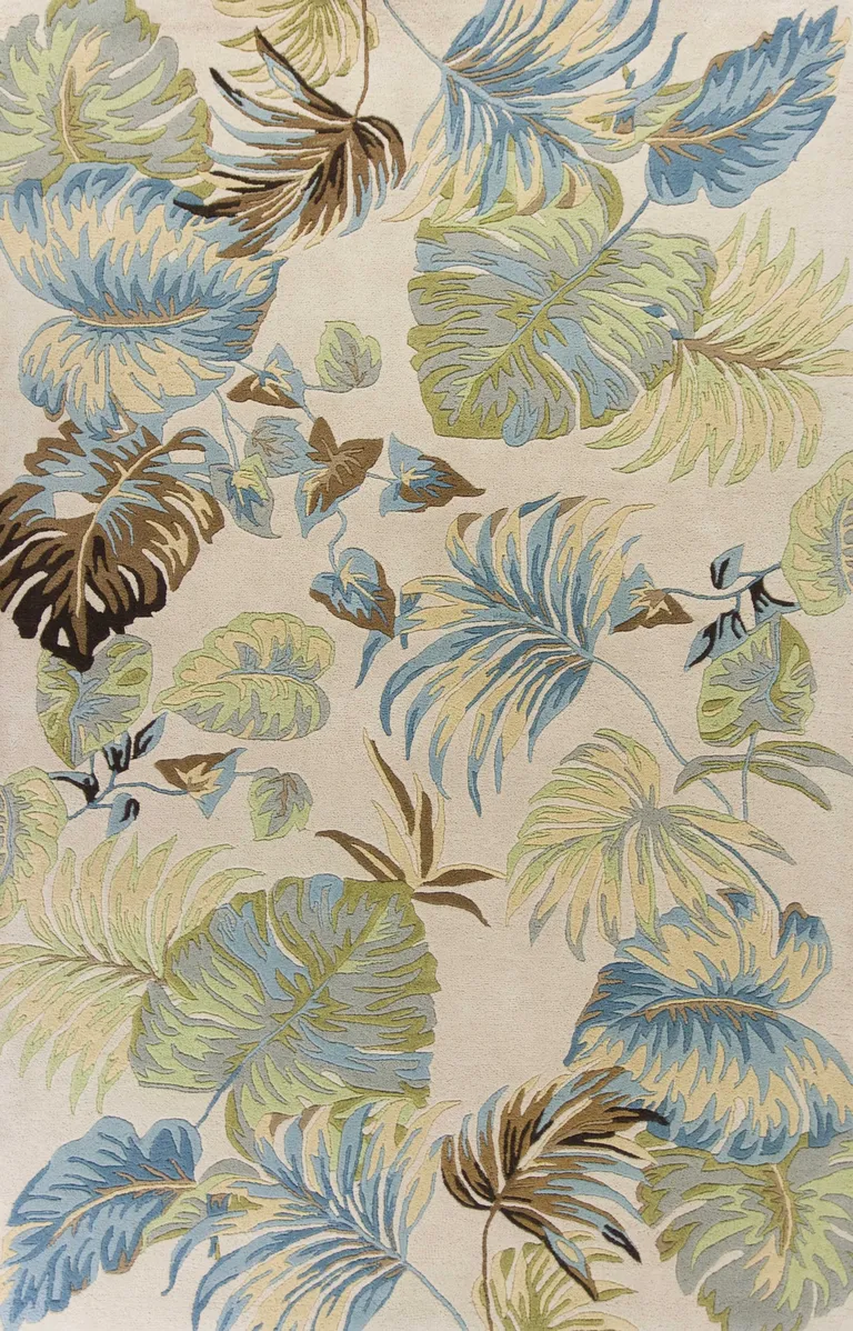 Ivory Blue Hand Tufted Tropical Leaves Indoor Area Rug Photo 1