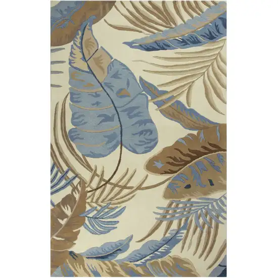 5'X8' Ivory Blue Hand Tufted Tropical Leaves Indoor Area Rug Photo 2