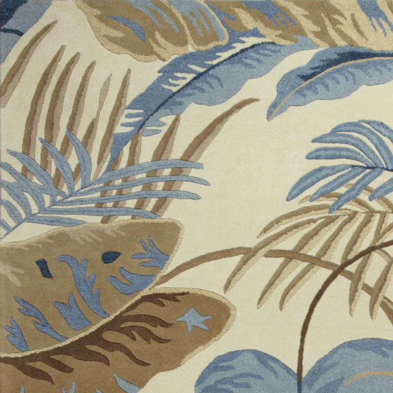 Ivory Blue Hand Tufted Tropical Leaves Indoor Area Rug Photo 3