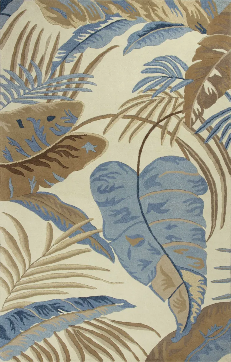 Ivory Blue Hand Tufted Tropical Leaves Indoor Area Rug Photo 1