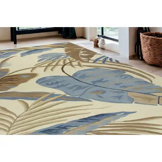 5'X8' Ivory Blue Hand Tufted Tropical Leaves Indoor Area Rug Photo 1