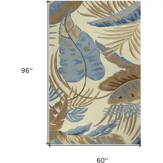 5'X8' Ivory Blue Hand Tufted Tropical Leaves Indoor Area Rug Photo 3