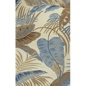 Photo of Ivory Blue Hand Tufted Tropical Leaves Indoor Area Rug