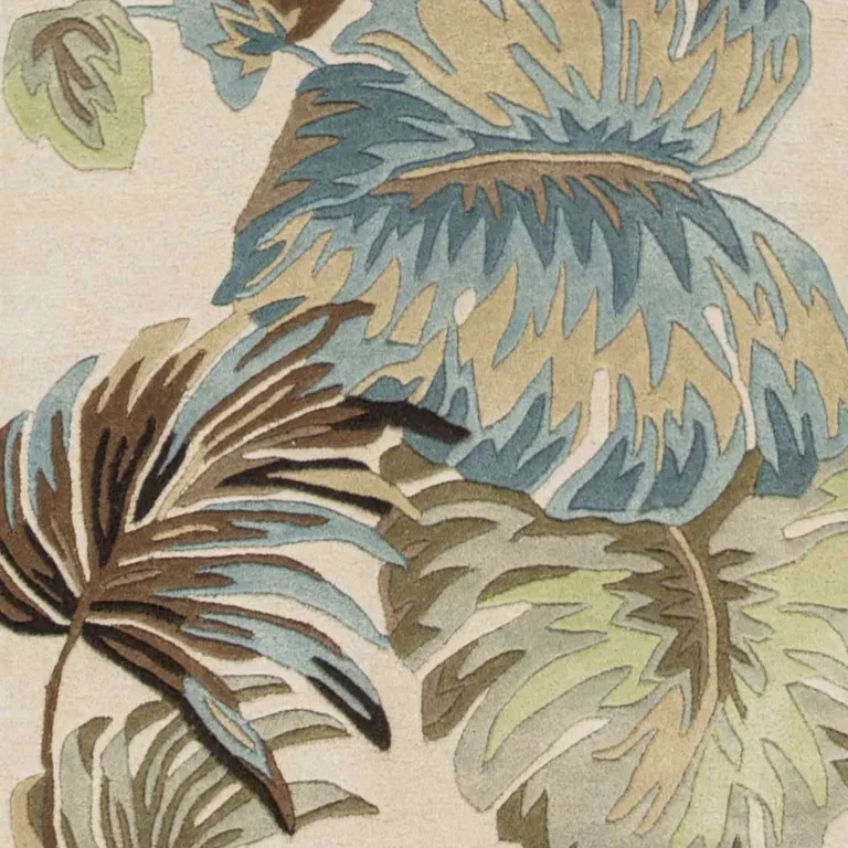 Ivory Blue Hand Tufted Tropical Leaves Indoor Runner Rug Photo 3