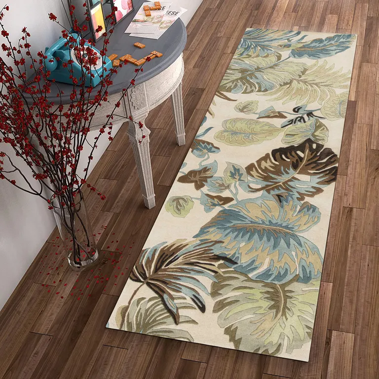 Ivory Blue Hand Tufted Tropical Leaves Indoor Runner Rug Photo 4