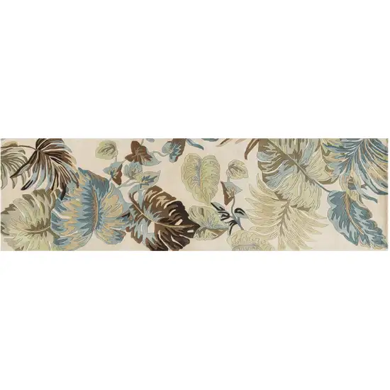 Ivory Blue Hand Tufted Tropical Leaves Indoor Runner Rug Photo 2