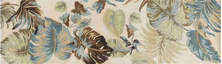 Ivory Blue Hand Tufted Tropical Leaves Indoor Runner Rug Photo 2