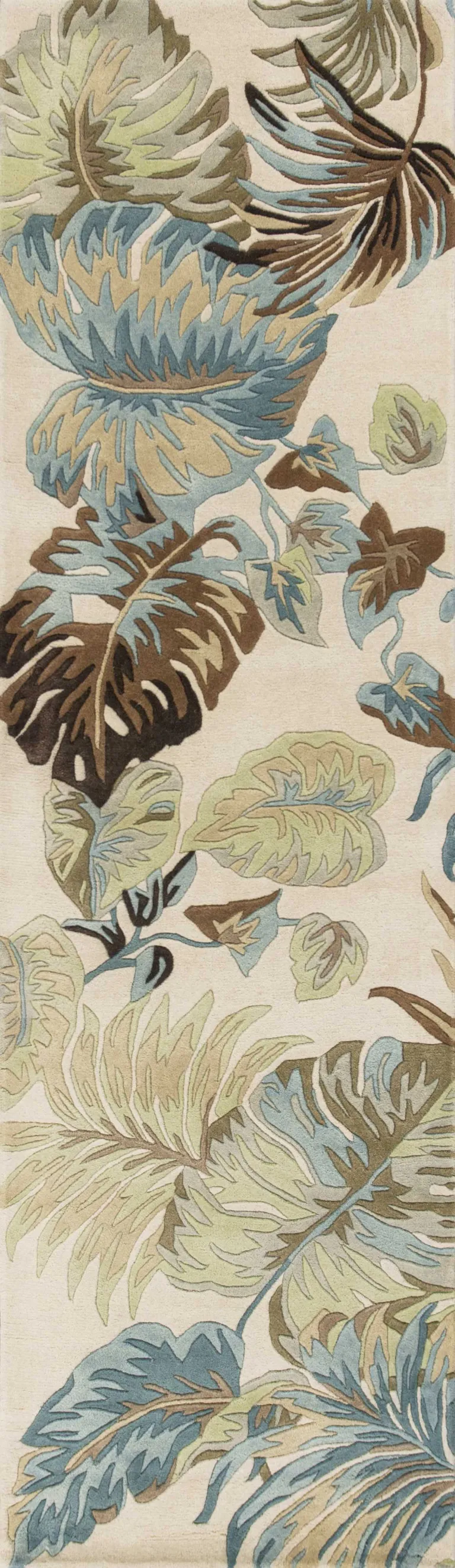 Ivory Blue Hand Tufted Tropical Leaves Indoor Runner Rug Photo 1