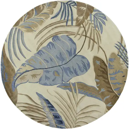 8' Ivory Blue Hand Tufted Tropical Leaves Round Indoor Area Rug Photo 3