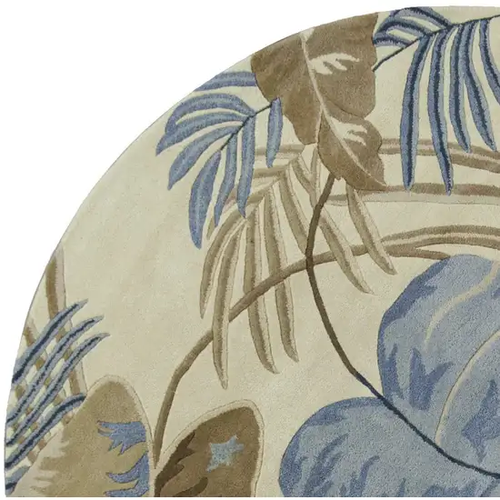 Ivory Blue Hand Tufted Tropical Leaves Round Indoor Area Rug Photo 1