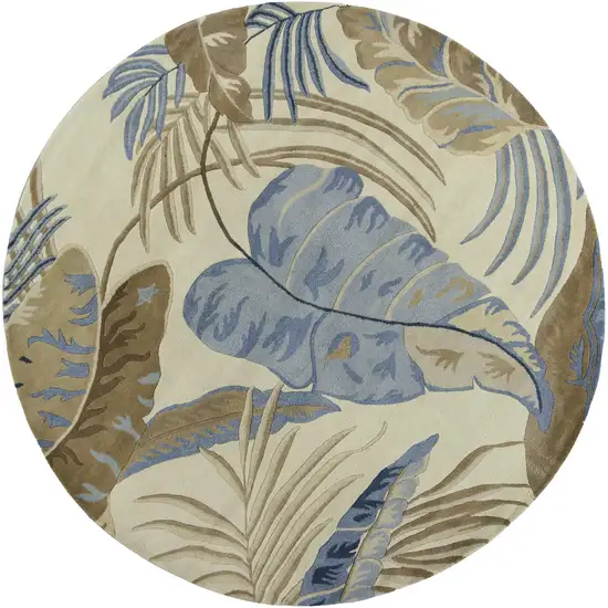 Ivory Blue Hand Tufted Tropical Leaves Round Indoor Area Rug Photo 4