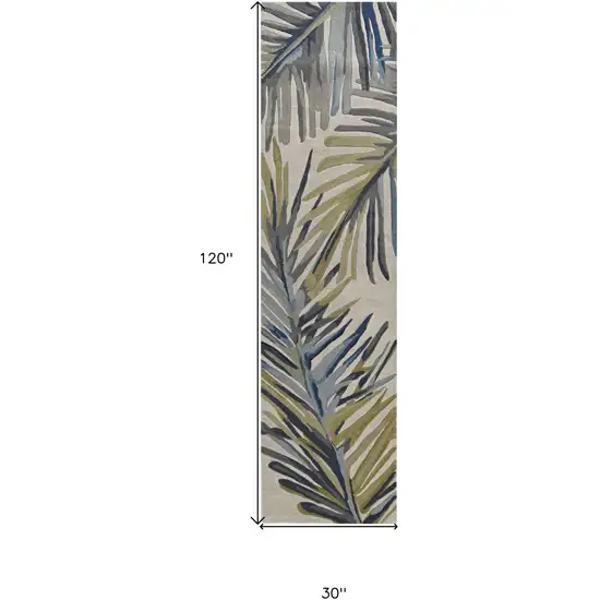 10' Ivory Blue Hand Tufted Tropical Palms Indoor Runner Rug Photo 3