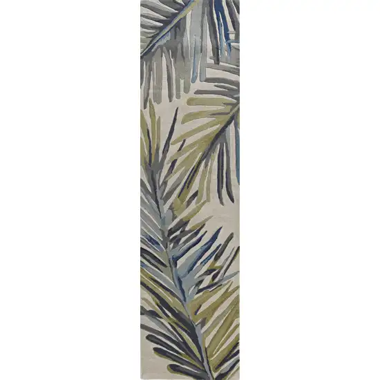 Ivory Blue Hand Tufted Tropical Palms Indoor Runner Rug Photo 4