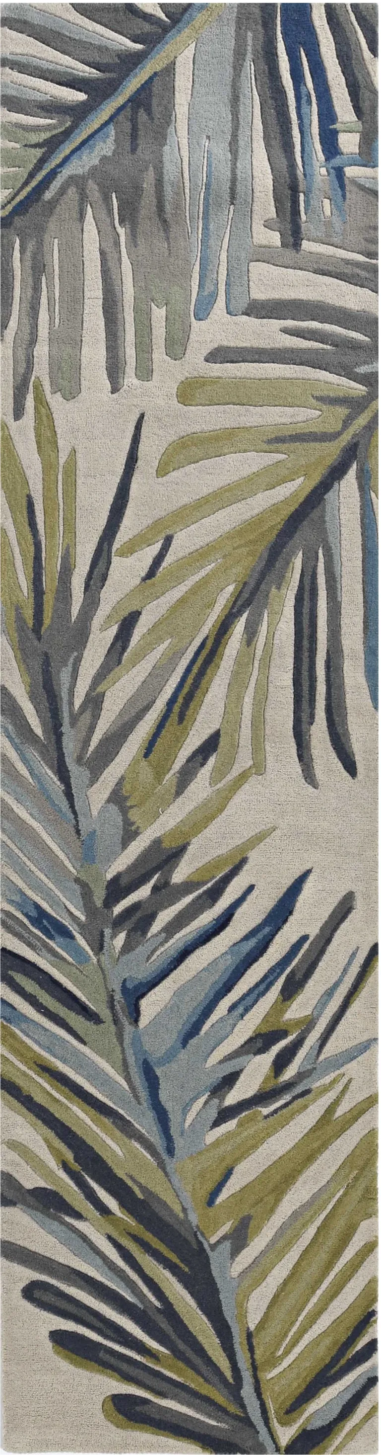 Ivory Blue Hand Tufted Tropical Palms Indoor Runner Rug Photo 4