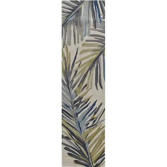 10' Ivory Blue Hand Tufted Tropical Palms Indoor Runner Rug Photo 2