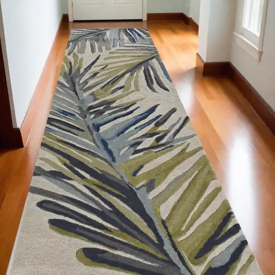 10' Ivory Blue Hand Tufted Tropical Palms Indoor Runner Rug Photo 1