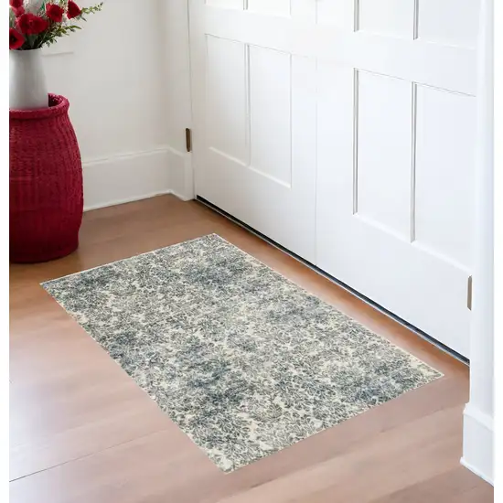 2'X4' Ivory Blue Machine Woven Damask Indoor Accent Rug Photo 1