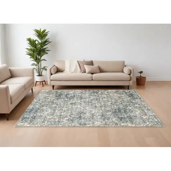 Ivory Blue Machine Woven Damask Indoor Area Rug Photo 1