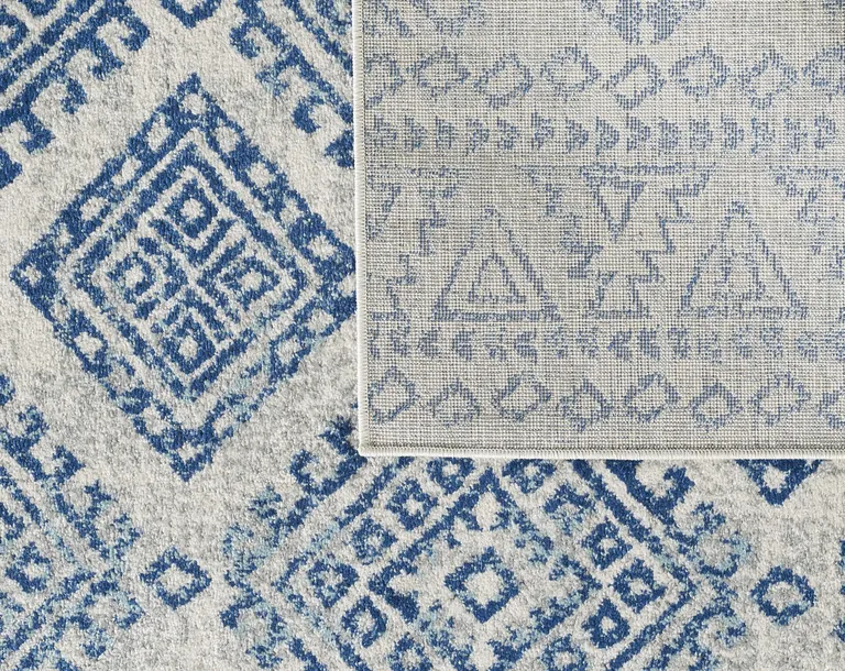 Ivory Blue Machine Woven Distressed Geometric Indoor Area Rug Photo 2