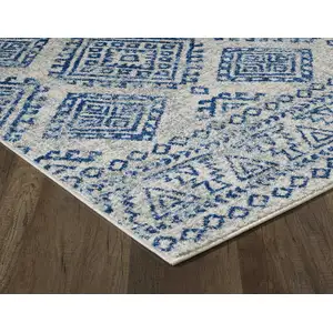 Photo of Ivory Blue Machine Woven Distressed Geometric Indoor Runner Rug