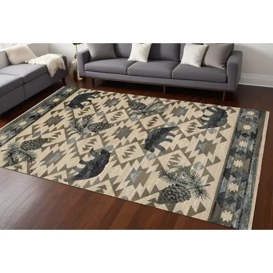 Ivory Blue Machine Woven Geometric Lodge Indoor Area Rug Photo 1