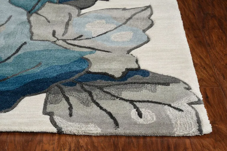 Ivory Blue Oversized Leaves Area Rug Photo 4