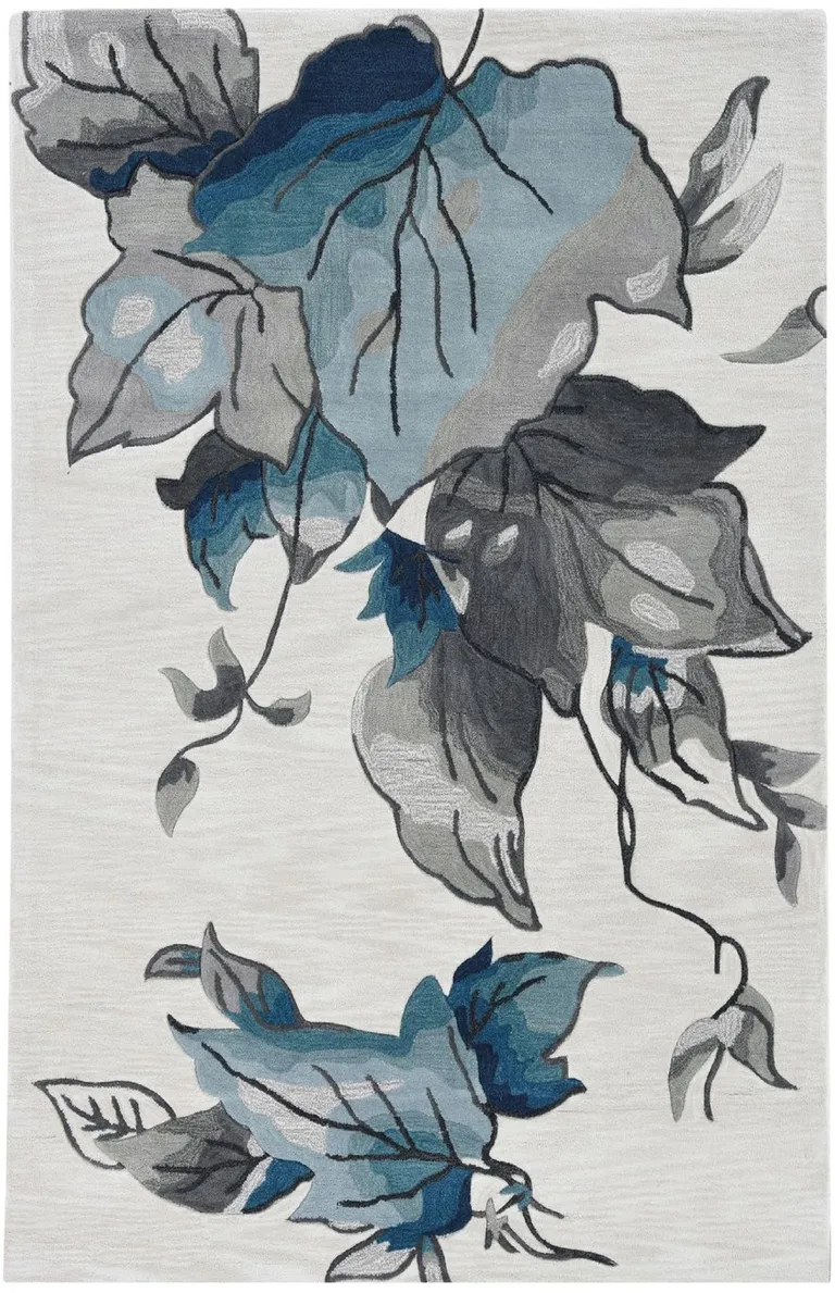 Ivory Blue Oversized Leaves Area Rug Photo 1