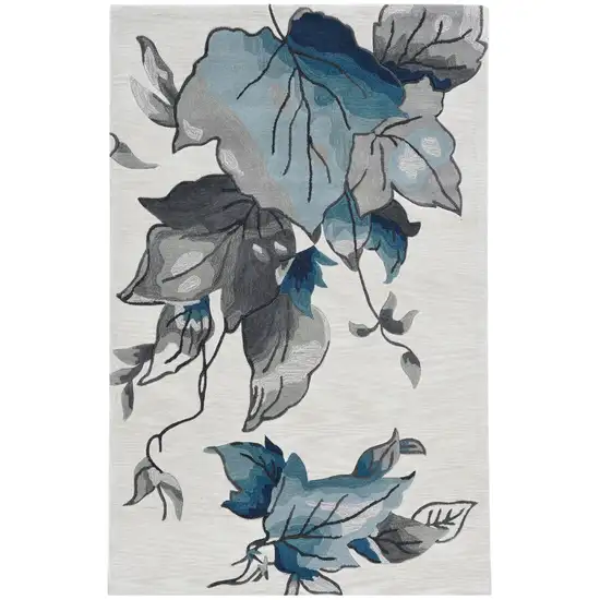 Ivory Blue Oversized Leaves Area Rug Photo 2